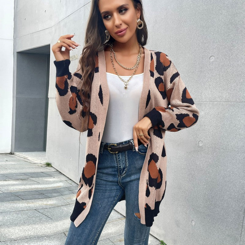 Damen Longline Cardigan im Leo-Jacquard mit offener Front und Rippbündchen Drune