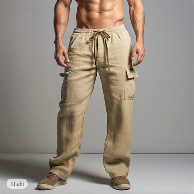 Herren leichte Leinen Cargohose mit elastischem Bund und großen Seitentaschen Drune