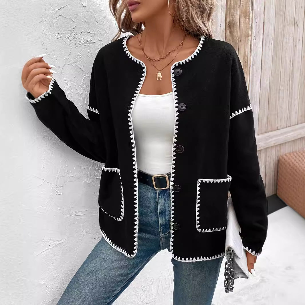 Damen modische Strickjacke mit dekorativem Kontrastbesatz und großen Taschen Drune