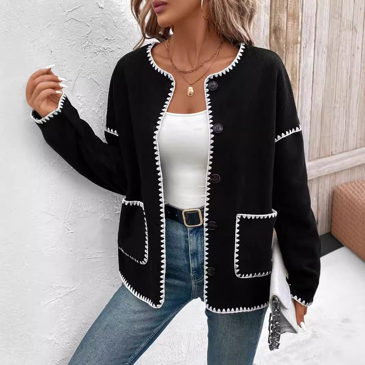 Damen modische Strickjacke mit dekorativem Kontrastbesatz und großen Taschen Drune