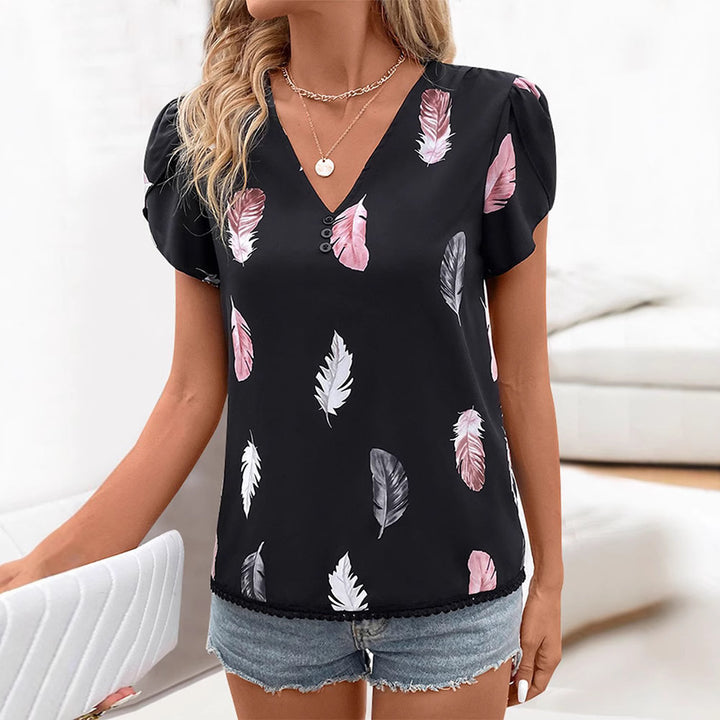 Damen nan luftige V-Ausschnitt-Bluse mit Federnprint, Zierknopfleiste und Häkelkante Drune