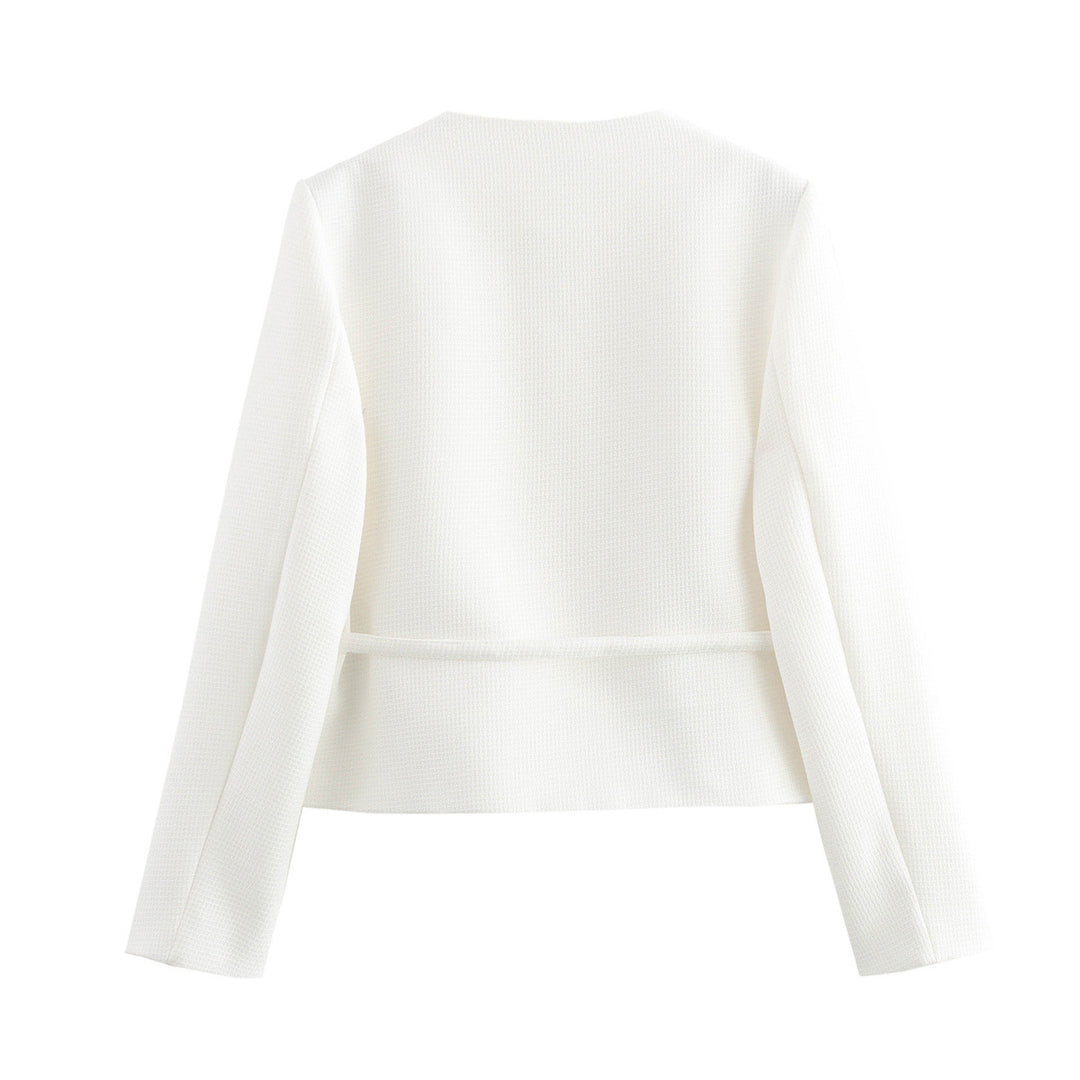 Damen nan strukturierte Kurzjacke mit Rundhalsausschnitt Holzknopf‑Leiste und taillierendem Bindegürtel Drune