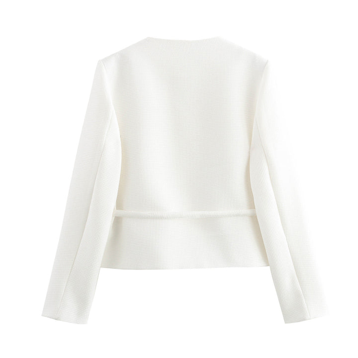 Damen nan strukturierte Kurzjacke mit Rundhalsausschnitt Holzknopf‑Leiste und taillierendem Bindegürtel Drune