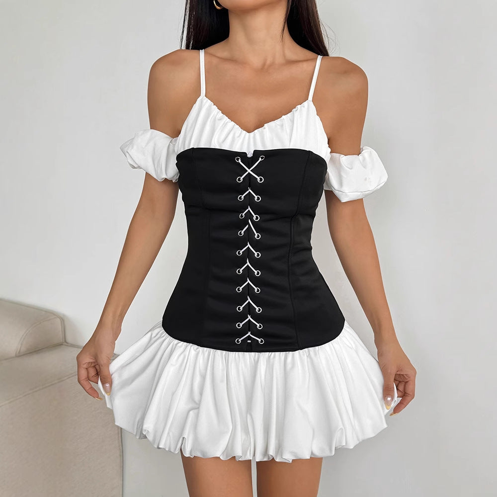 Damen Rüschenkleid mit Schnürung und abnehmbaren Trägern Drune