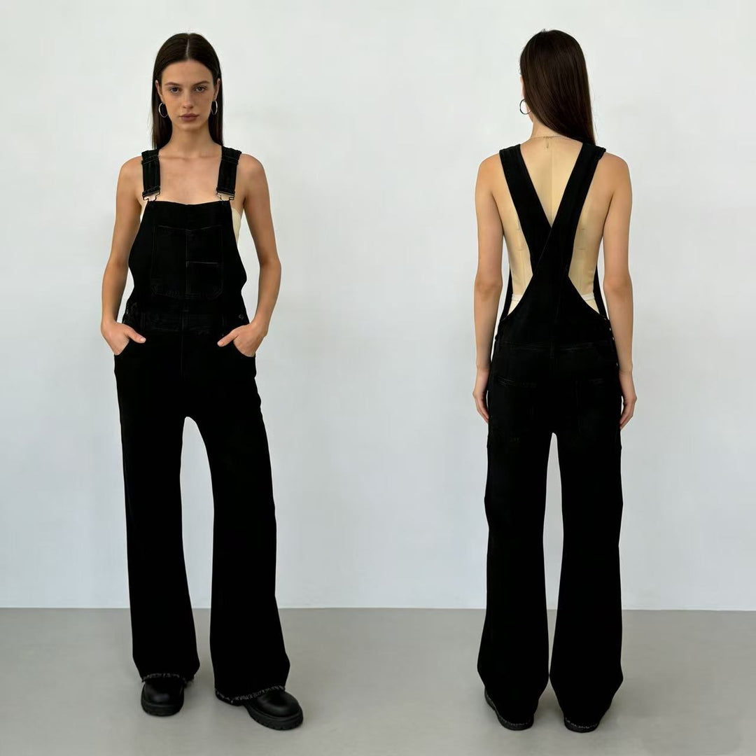 Damen nan weiche Denim-Latzhose mit weitem Bein, verstellbaren Trägern und Pattentasche Drune