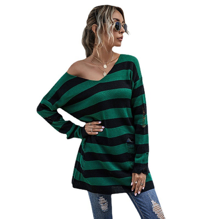 Damen Lässiger Longpullover mit V‑Ausschnitt, Grobstrickstreifen und Löcherdetails Drune