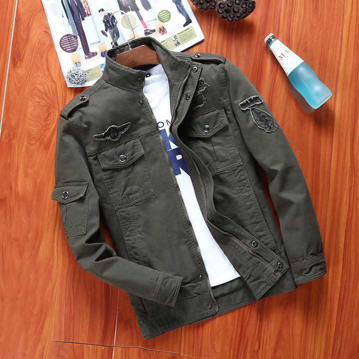 Herren Robust geschnittene Canvas-Combatjacke mit Patches, Stehkragen und Multifunktionspattentaschen Drune