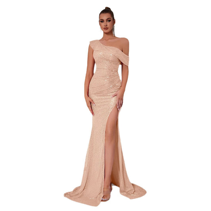 Damen Elegantes Schulterfreies Abendkleid mit Glitzernde Pailletten und Hohem Schlitz Drune
