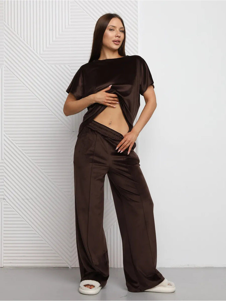 Damen Satin-Loungewear-Set mit lässigem Schnitt und weit geschnittenen Hosen