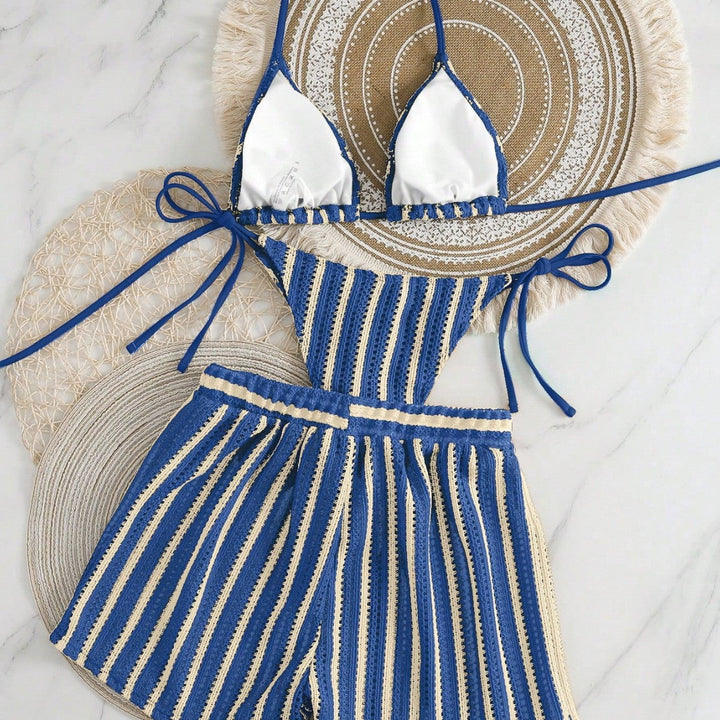 Damen Bikini-Set mit gerafftem Oberteil und hoch taillierten Shorts Drune