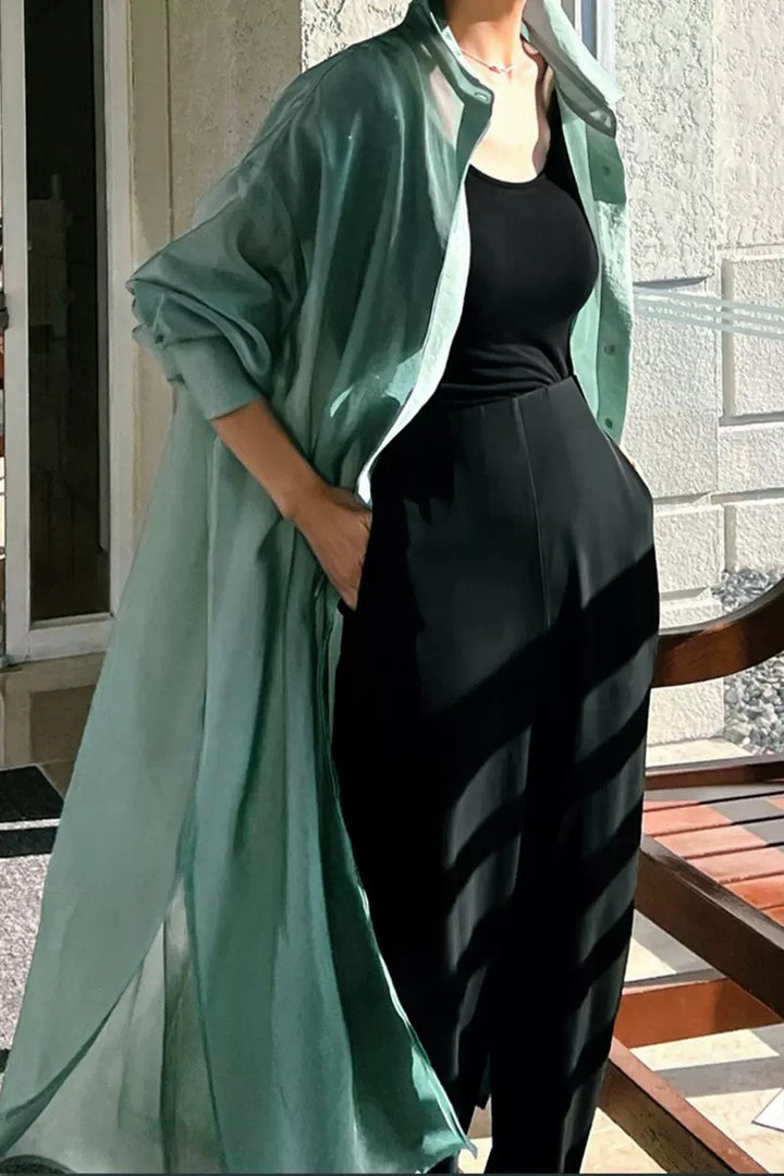 Damen Oversize Hemdblusen-Mantel mit Brusttasche, Seitenschlitz und fließender Leinenoptik Drune