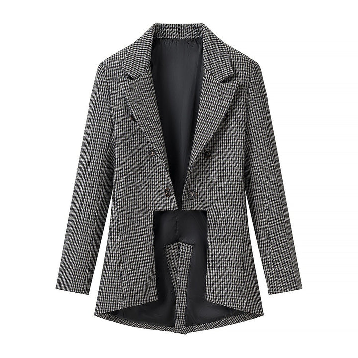 Damen Gehrock‑inspirierter Hahnentritt‑Blazer mit Cutaway‑Saum und doppelreihiger Knopfleiste Drune