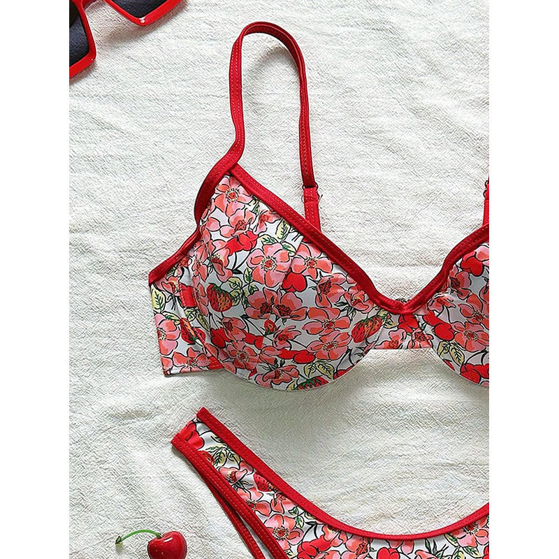 Damen Push-Up-Bikini mit floralen Mustern und verstellbaren Trägern Drune