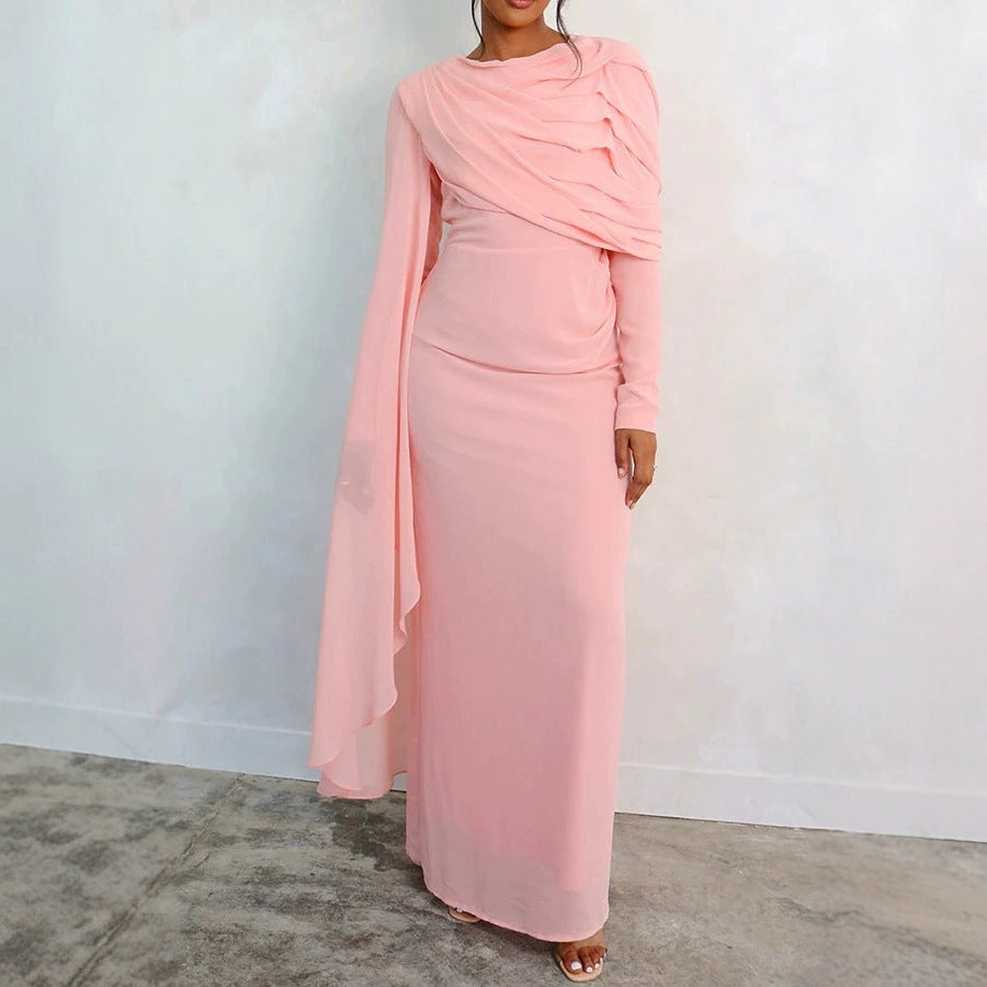 Damen Elegantes Maxi-Kleid mit drapierter Schultergestaltung und langem Arm Drune