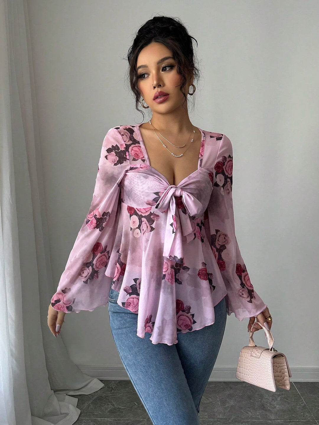 Damen Transparente Chiffon-Babydoll-Bluse mit Knotenfront und floralem Allover-Print Drune