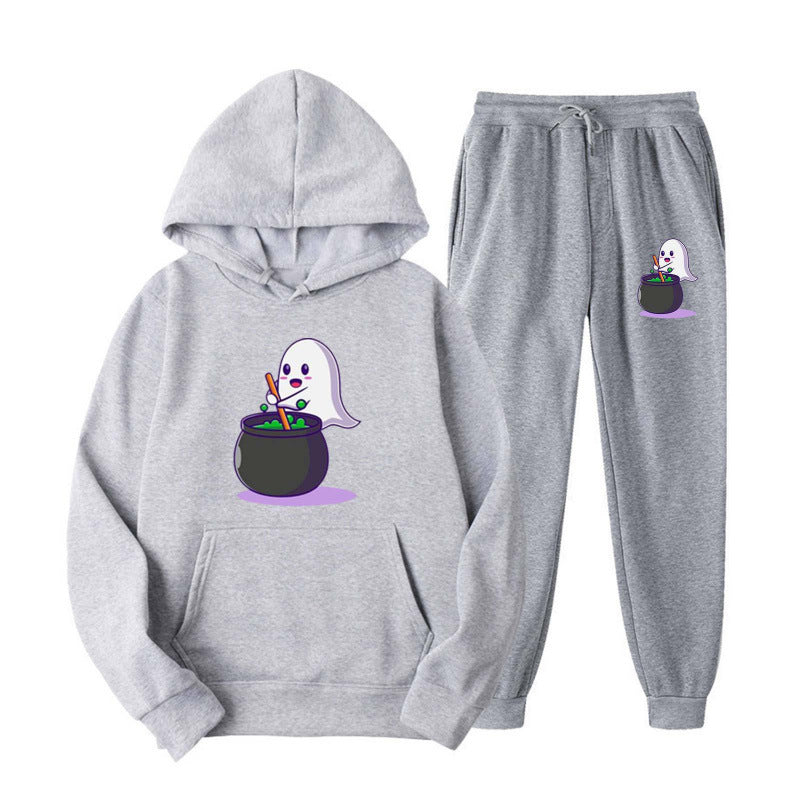 Unisex nan kuscheliger Kapuzenpullover und Jogginghose Set mit Halloween-Geistprint Drune