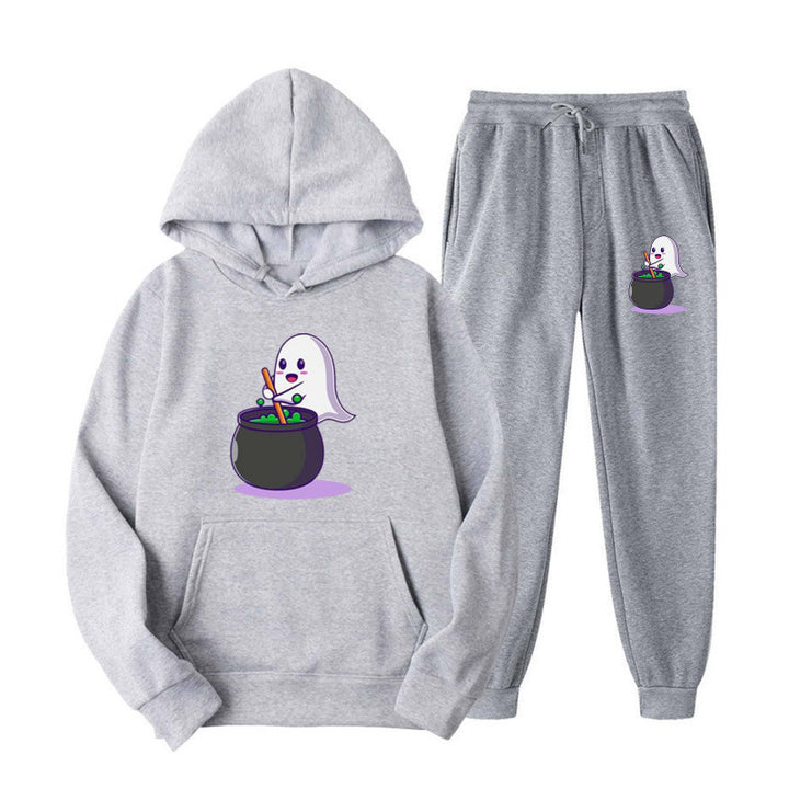 Unisex nan kuscheliger Kapuzenpullover und Jogginghose Set mit Halloween-Geistprint Drune