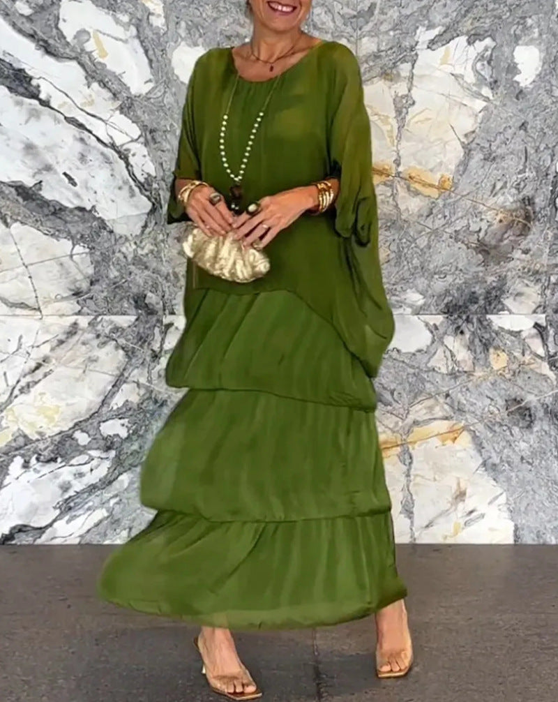 Damen nan mehrlagiges Stufenmaxikleid mit weitem Fledermausoberteil und stufigem Volantrock Drune