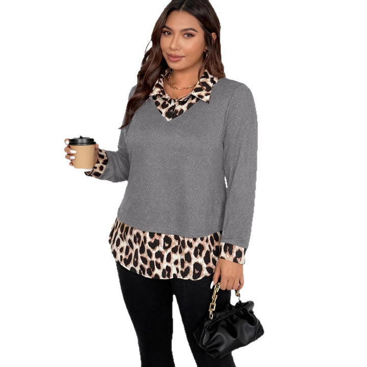 Damen Lagenlook-Pullover mit V-Ausschnitt und Leoprint-Blusen-Einsatz Drune