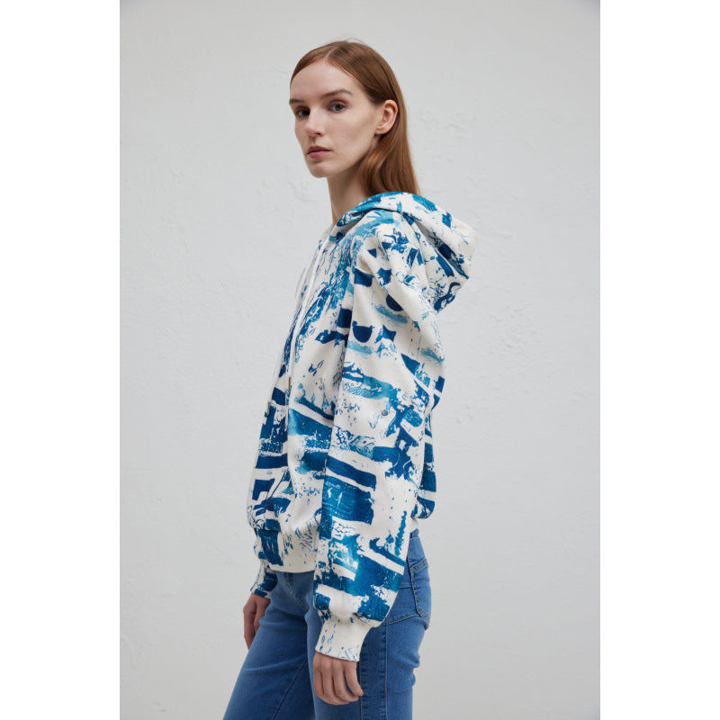 Damen Kapuzenpullover mit modischem Rüschendesign und kreativem Druck Drune