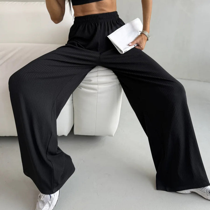 Damen weite High-Waist Palazzo-Hose aus geripptem Jersey mit elastischem Bund Drune