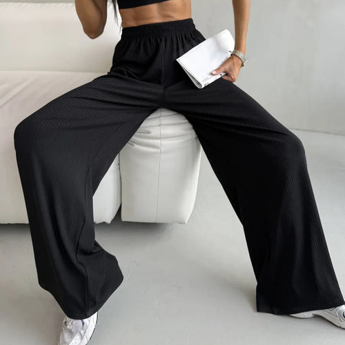 Damen weite High-Waist Palazzo-Hose aus geripptem Jersey mit elastischem Bund Drune
