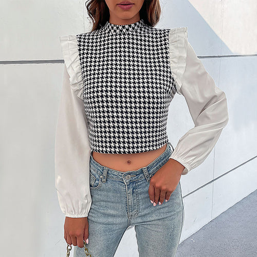 Damen Hahnentritt-Cropped-Top mit Rüschen‑Schultern und langen Chiffonärmeln Drune
