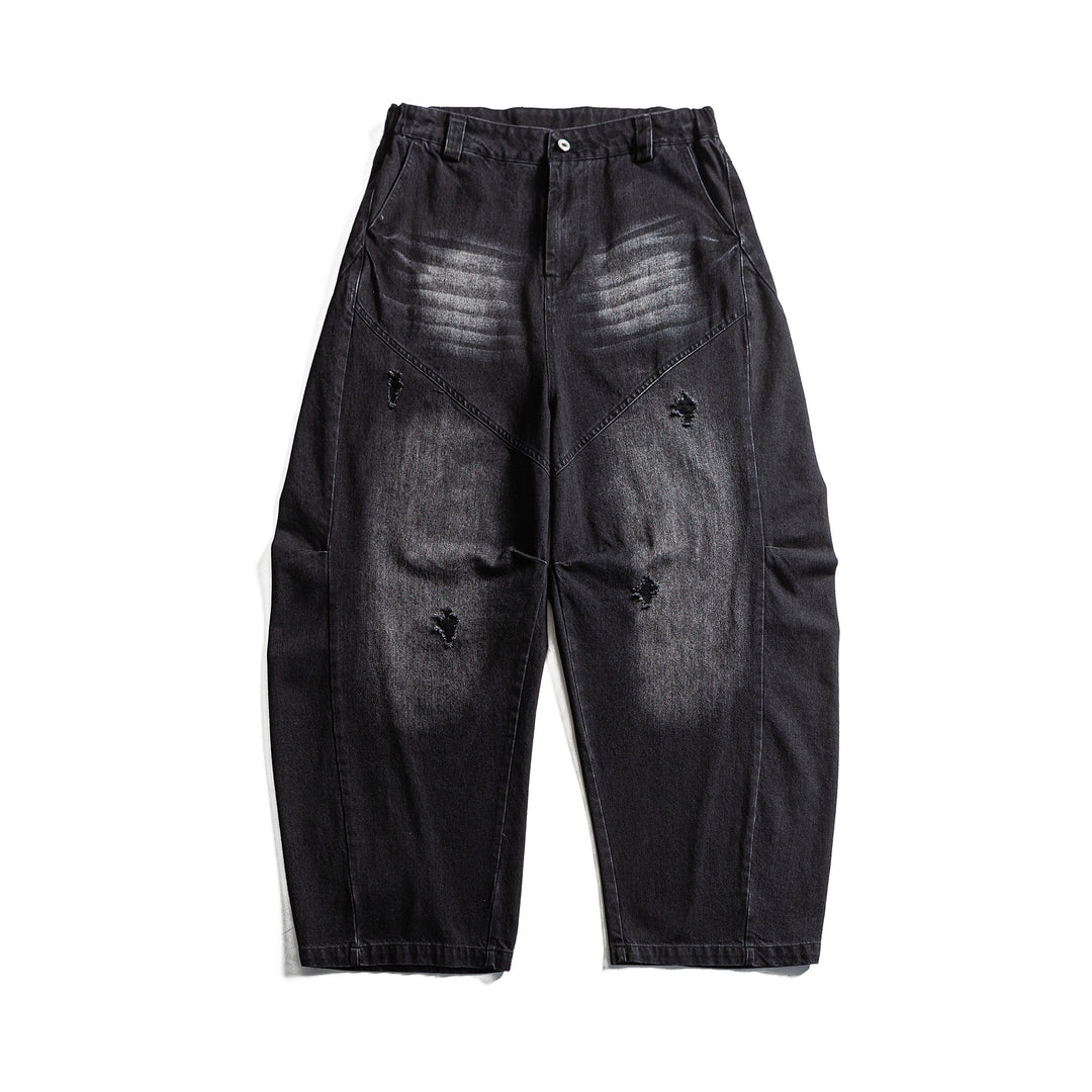Damen hochgeschnittene weite Denim‑Culotte mit Cargotaschen, Used‑Effekt und elastischem Saum Drune