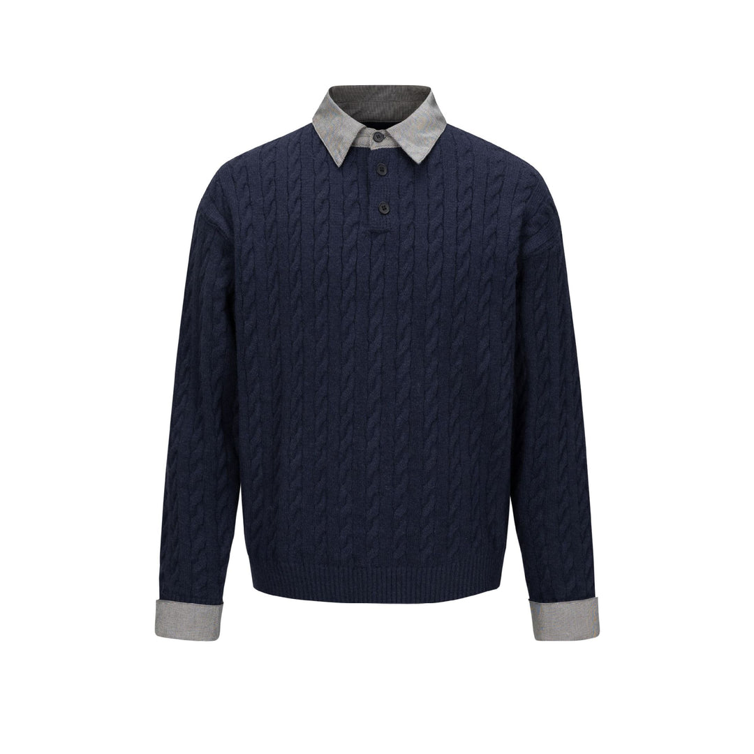 Herren Strukturierter Strickpullover mit integriertem Hemdkragen und Dreiknopf‑Leiste Drune