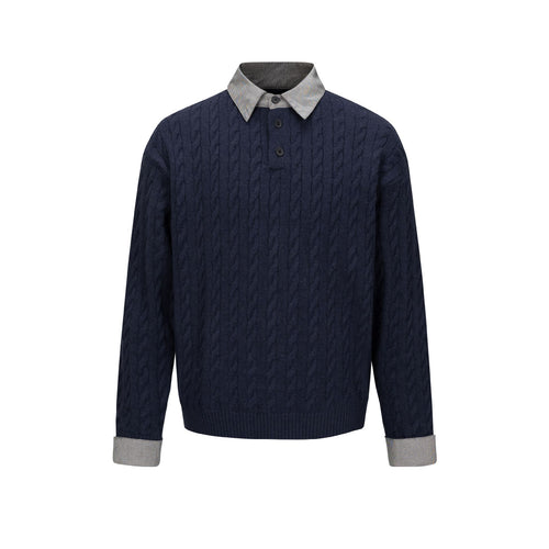 Herren Strukturierter Strickpullover mit integriertem Hemdkragen und Dreiknopf‑Leiste Drune