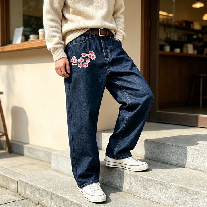 Herren Modische Weit geschnittene Denim-Hose mit Blumenstickerei Drune