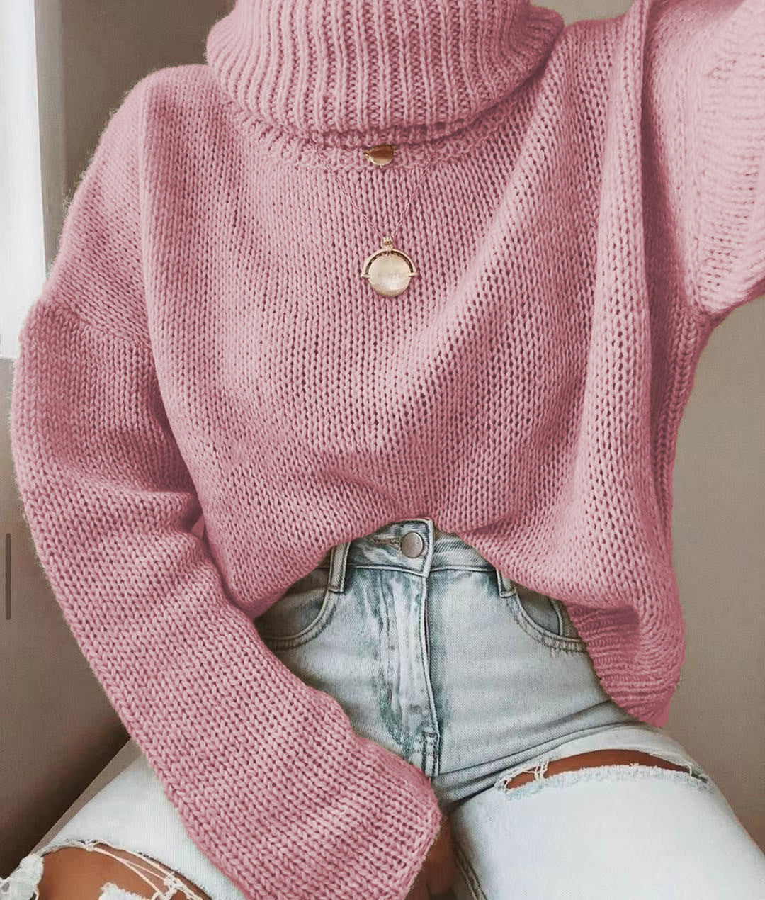 Damen Oversize Rollkragenpullover grobgestrickt mit weitem Schnitt Drune