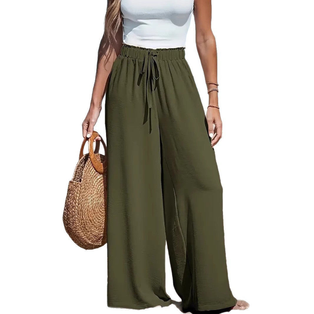 Damen High-Waist Elastischer Bund Weite Beinform Palazzo Strandhose Drune