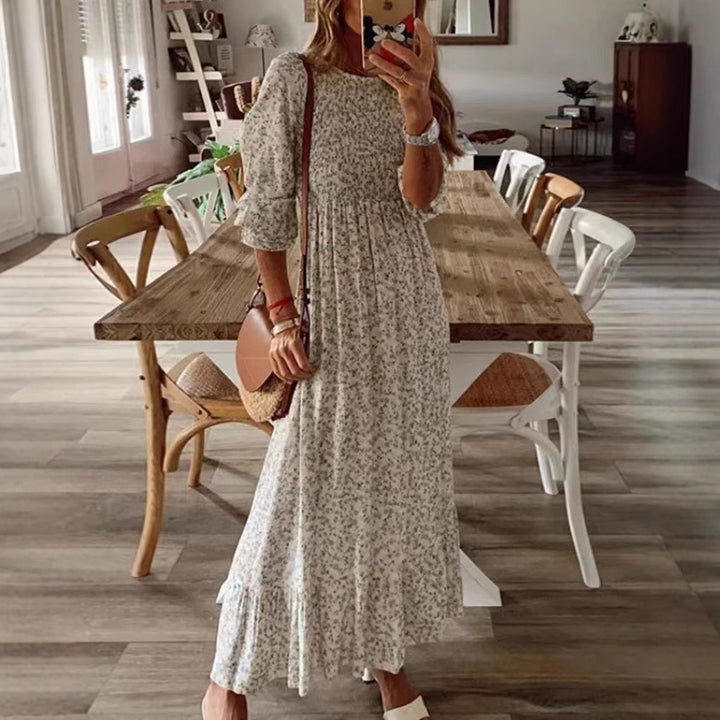Damen nan lockerfallendes Babydoll-Midikleid mit geraffter Unterbrust, überschnittenen Dreiviertelärmeln und feinem Blumenprint Drune