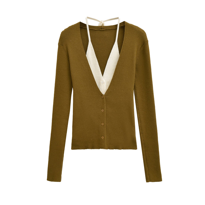 Damen eleganter Strick-Cardigan mit tiefem V-Ausschnitt und kontrastierendem Innenfutter Drune