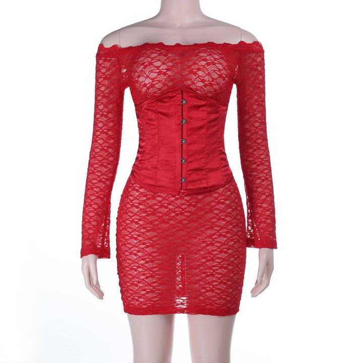 Damen figurbetontes Spitzenkleid mit schulterfreiem Design und raffinierten Details Drune