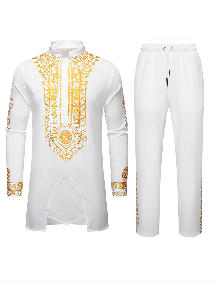 Herren Traditionelles Langarm-Kurta-Set mit Stehkragen, goldfarbenem Ornamentdruck und Tunnelzughose Drune