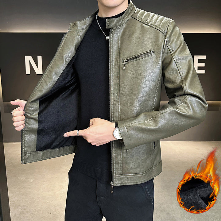 Herren Modische Kunstlederjacke mit praktischem Stehkragen Drune