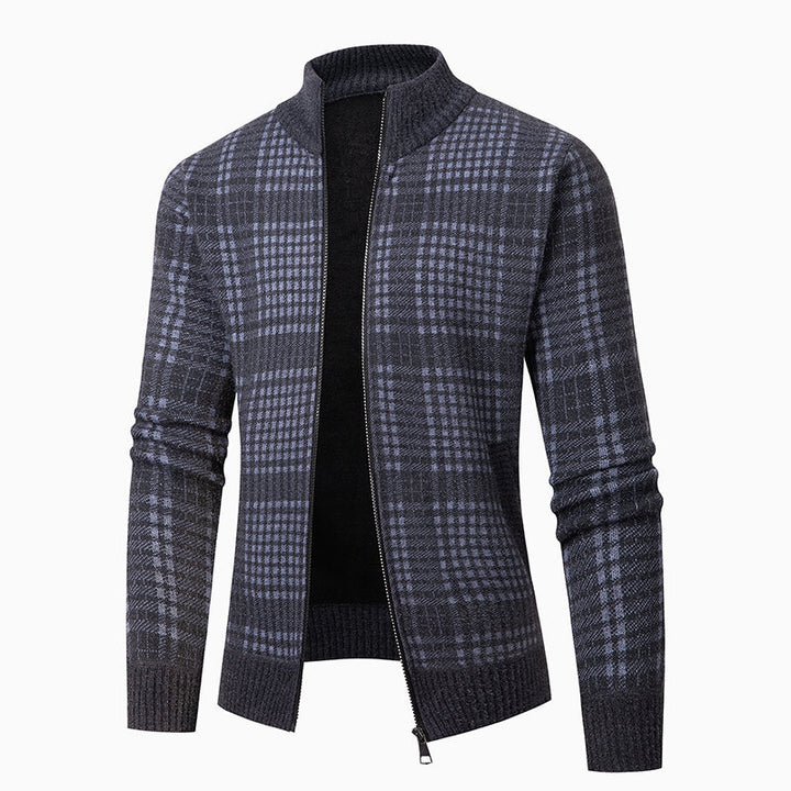 Herren Feinstrick-Zipcardigan mit Glencheck‑Muster, Stehkragen und Zwei‑Wege‑Reißverschluss Drune