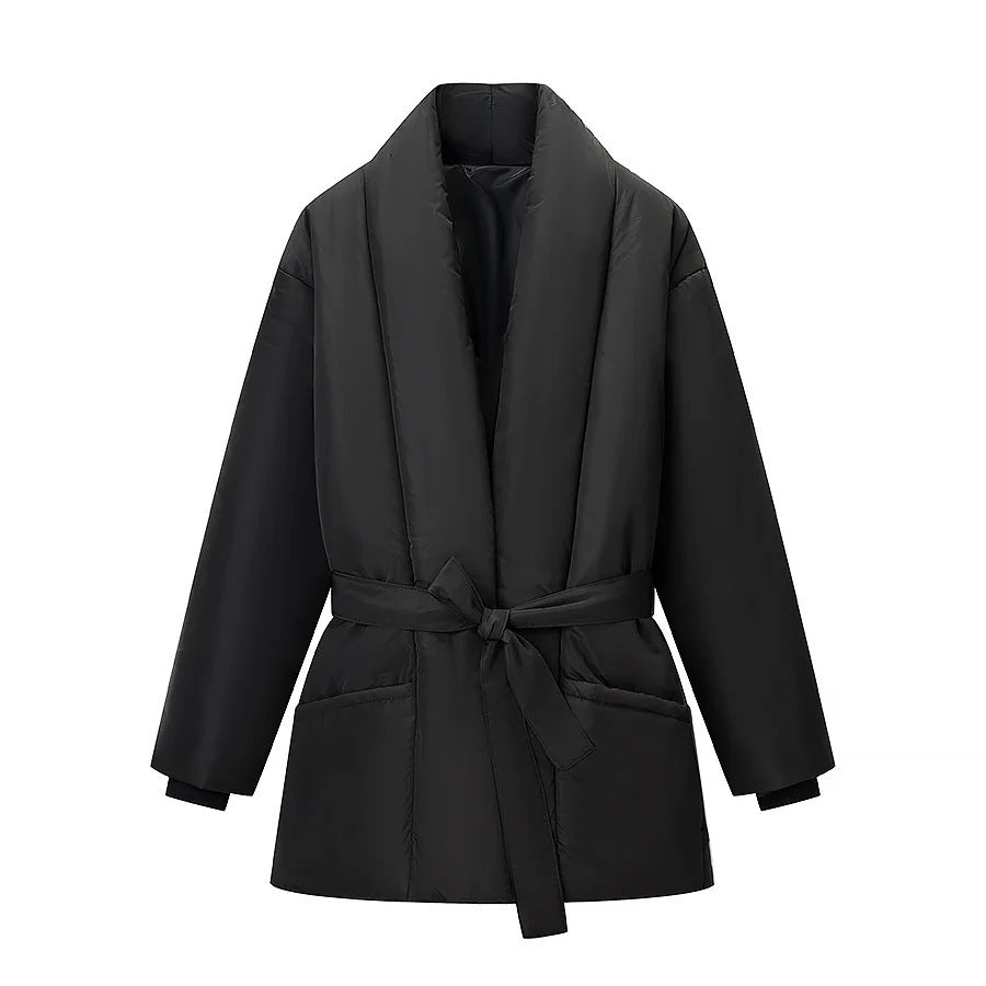 Damen nan wattierte Jacke mit Schalkragen, Bindegürtel und aufgesetzten Taschen Drune