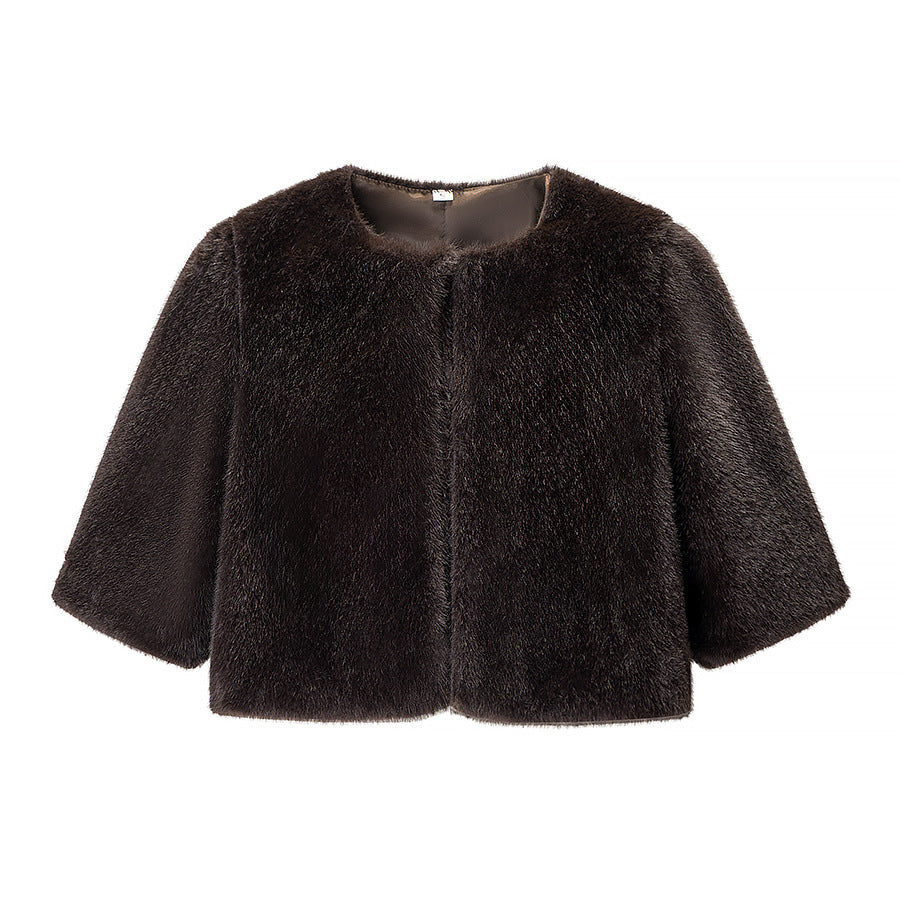 Damen Kurzgeschnittener Kunstfell-Bolero mit 3/4-Ärmeln Drune