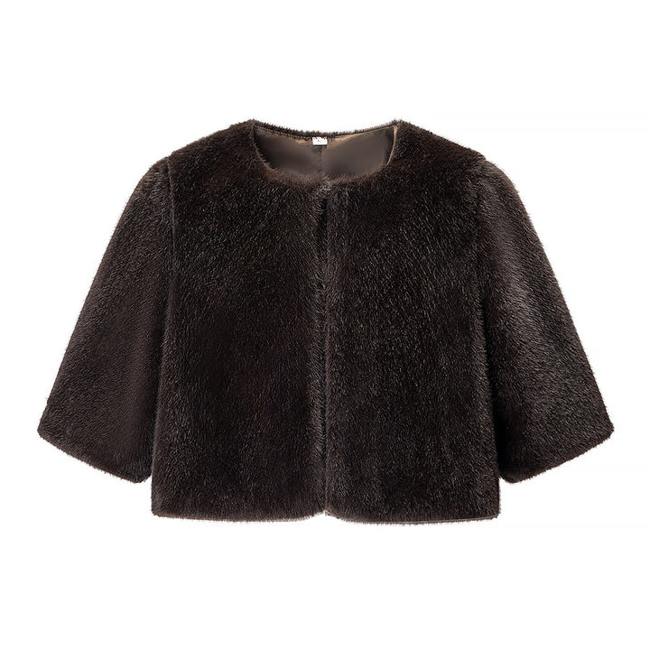 Damen Kurzgeschnittener Kunstfell-Bolero mit 3/4-Ärmeln Drune