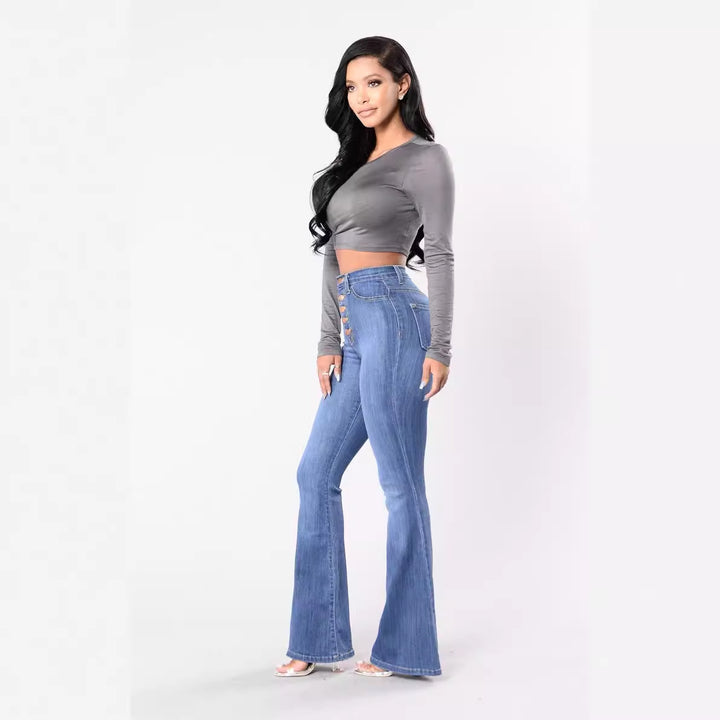 Damen High-Waist Flared Jeans mit dekorativen Knopfdetails und elastischem Bund Drune