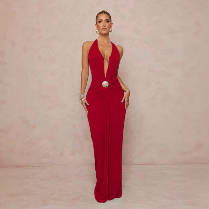 Damen Glamouröses Abendkleid mit tiefem V-Ausschnitt und eleganter Drapierung Drune