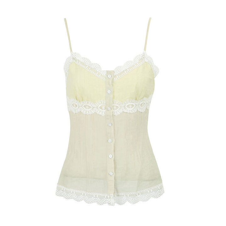 Damen Spaghettiträger Bluse mit Spitzenakzenten und Knopfdetail Drune