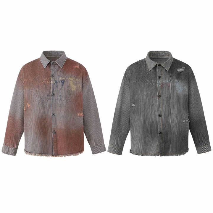 Damen Overshirt-Jacke aus gestreiftem Denim mit Fransen und Used-Details Drune