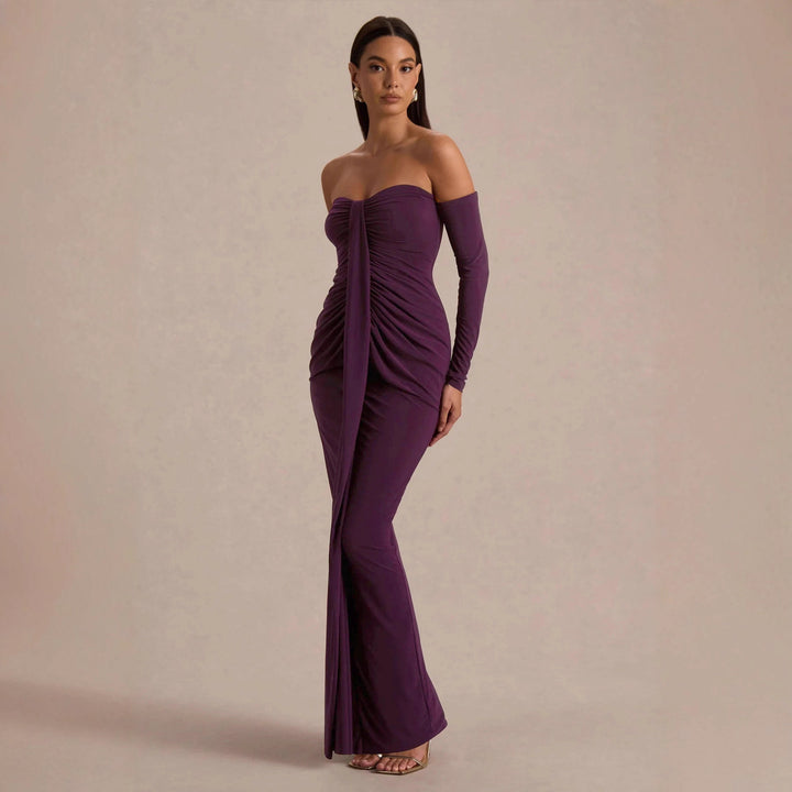 Damen trägerloses Abendkleid mit langen Ärmeln und raffinierten Rüschendetails Drune