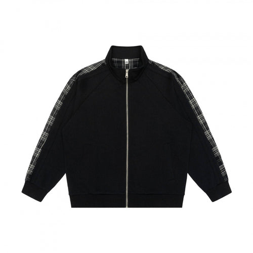 Unisex Kurz geschnittene Zip-Jacke im Boxy-Style mit Karo-Ärmeltape und Stehkragen Drune