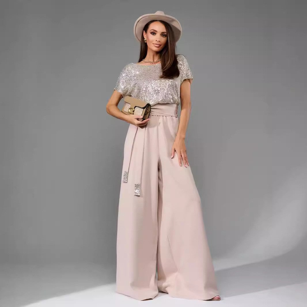 Damen Glitzernder Jumpsuit mit weitem Bein und Taillengürtel Drune
