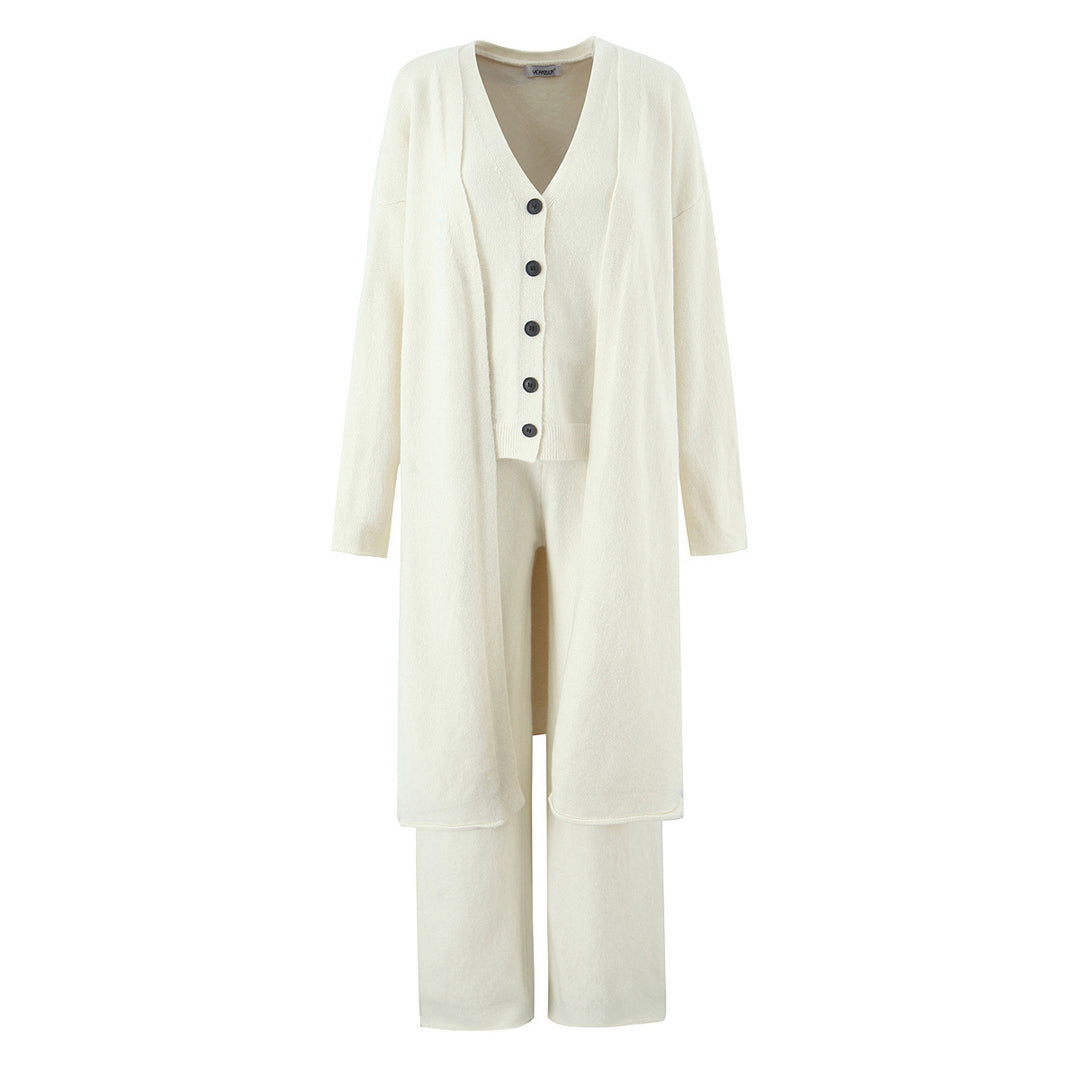 Damen elegantes Strickset mit langem Cardigan, Knopfleiste und weit geschnittenen Hosen Drune